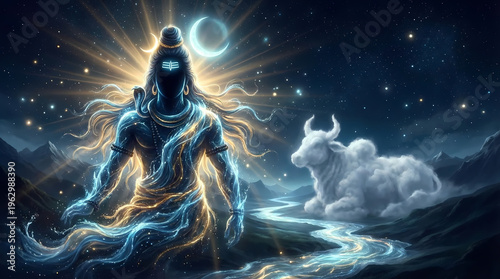 Lord Shiva Nandi river blue clouds mystical Ganga illustration wallpaper divine