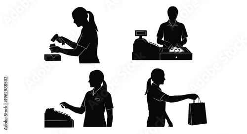 Collection of vector graphic silhouettes depicting store employees engaged in various retail transaction activities.