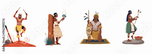 Collection of diverse indigenous characters in traditional clothing performing cultural rituals and ceremonies, flat vector illustration on white background.