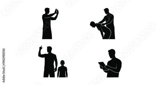 Black and white vector graphic silhouettes depicting various interactions between men and a child