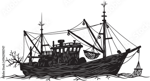 Black silhouette of a fishing boat with nets and trawl on water