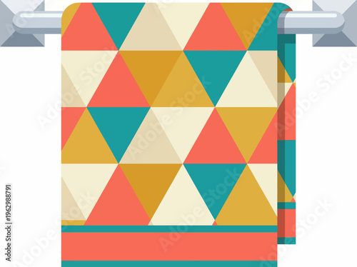 A vibrant towel featuring a unique geometric pattern of triangles in various colors, perfect for adding style and flair to beach or poolside outings.