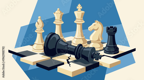 An engaging graphic showing a king piece toppled over, symbolizing defeat while various pieces stand tall, representing strategy and competition in the classic game of chess.