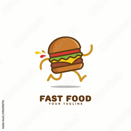 This playful image features a burger character happily running, symbolizing the excitement and convenience of fast food. Perfect for marketing campaigns and restaurant promotions.