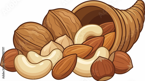 A delightful cartoonish illustration of assorted mixed nuts spilling out from a traditional horn of plenty. The image symbolizes abundance and healthy snacking.