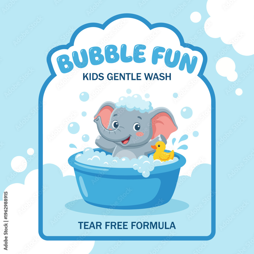 Naklejka premium This delightful image features a small elephant splashing happily in a bubble bath, representing fun, innocence, and the joy of bath time for young children and parents alike.