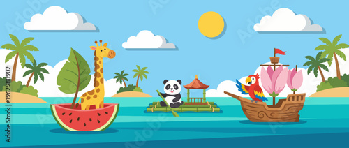 A whimsical illustration depicting a vibrant jungle scene with playful animals and lush greenery, evoking a sense of adventure and imagination for children's art and decor.