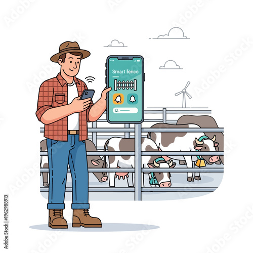A modern farmer uses a smartphone to monitor a smart fence system for his dairy cows, showcasing technology in agriculture.