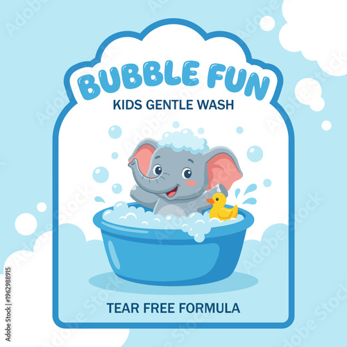 This delightful image features a small elephant splashing happily in a bubble bath, representing fun, innocence, and the joy of bath time for young children and parents alike.