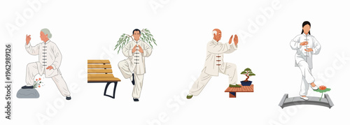 Set of diverse people practicing Tai Chi martial arts for wellness and balance in various poses, vector illustration isolated on white background.