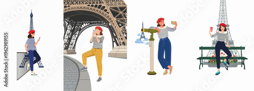 Set of illustrations showing a young woman in a beret enjoying a tourist trip to the Eiffel Tower in Paris, France.