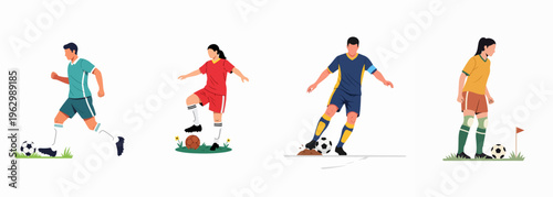 Set of Flat Vector Illustrations Featuring Male and Female Soccer Players in Action Poses Isolated on White Background
