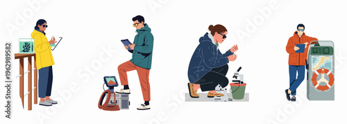 Flat vector illustration of diverse marine scientists and oceanographers conducting research with various scientific equipment, isolated on a white background.