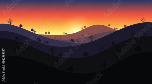 Vector illustration of a golden sunset over the city silhouette with orange clouds and a glowing sun on the horizon during a beautiful summer evening