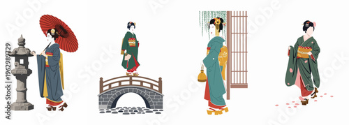 Elegant collection of four Japanese geisha and maiko vector illustrations featuring traditional kimono, paper umbrella, stone bridge, and cherry blossom petals on white background.