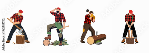 Set of flat vector illustrations depicting a lumberjack in different poses chopping and splitting wood with an axe and sledgehammer.