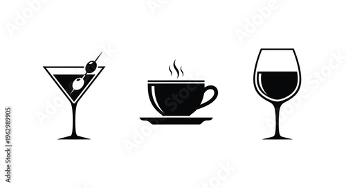 A martini coffee and wine glass depicted in stark black silhouette