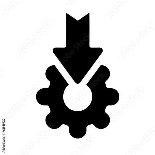 Black gear icon with download arrow, settings symbol, mechanical sign, industrial logo