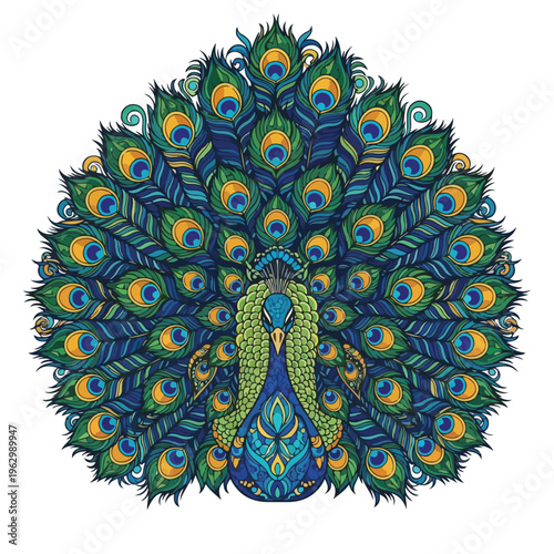 A vibrant illustration showcasing a peacock with fully fanned out, colorful plumage