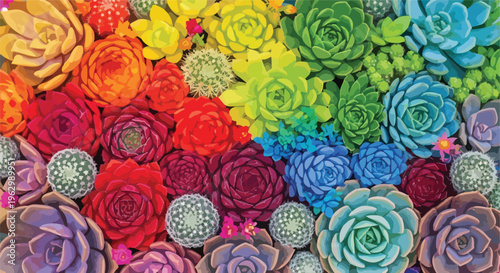 A vibrant, colorful arrangement of succulents in a rainbow of hues