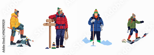 Collection of mountain climbers and hikers in colorful winter gear and professional equipment, isolated on a white background for adventure and travel themes.