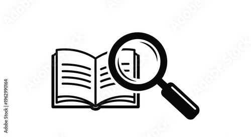 Open book and magnifying glass examining pages black silhouette