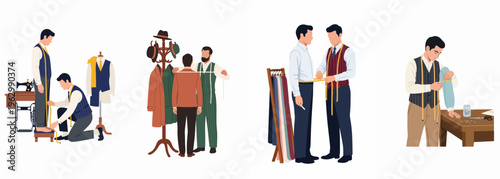 Professional Tailors Measuring Clients for Bespoke Suits and Working on Garments in a Tailor Shop Illustration Set