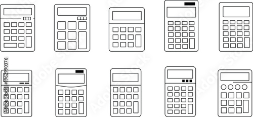 Collection of ten different calculator designs displayed in simple line art style for visual comparison and study