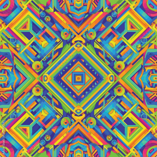 A vibrant, colorful, geometric, symmetrical, abstract composition