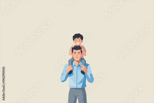 Father carrying his son on shoulders, smiling and bonding together. Flat vector illustration representing family love, parenting, happiness, and joyful everyday moments.