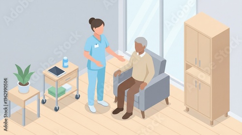 Healthcare assistance for elderly A caregiver helps an elderly man in a chair at home or in a care facility