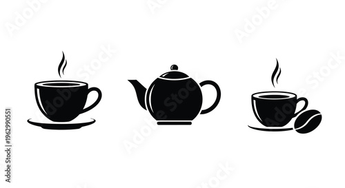 A black silhouette of a teapot with two cups and coffee beans