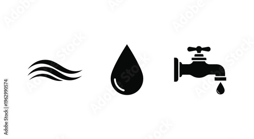 Water symbols depicting waves a droplet and a faucet silhouette