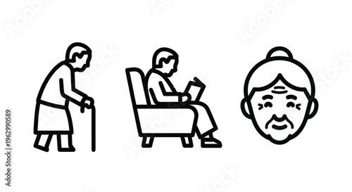 Three elderly people depicted in a minimalist line art silhouette