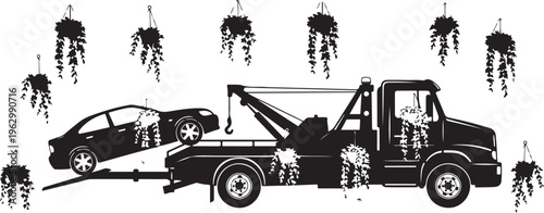 Black silhouette of a tow truck with a car on the back surrounded by hanging plants