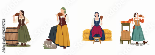Set of Four Medieval Women in Traditional Renaissance Costumes Eating Roasted Poultry Legs in Various Rustic Settings