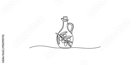 Continuous line drawing of olive oil bottle with olive branch decoration decorative art minimalist illustration