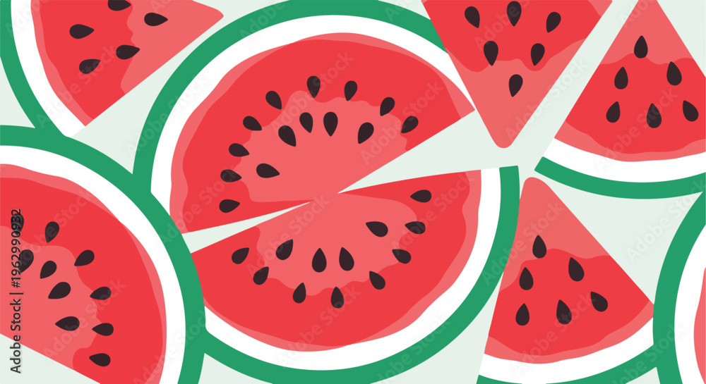 Fototapeta premium A vibrant illustration showcasing many watermelon slices on a light-toned background