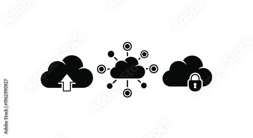 Cloud computing security icons with upload and lock black silhouette