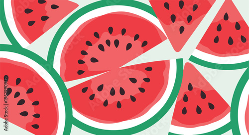A vibrant illustration showcasing many watermelon slices on a light-toned background