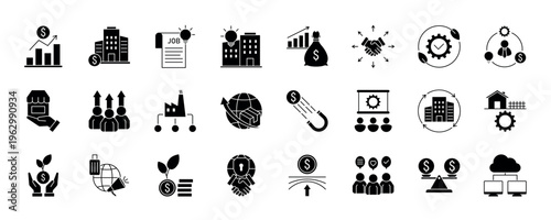 Economic Development icon. Economic Development, Infrastructure Investment, Job Creation, Innovation Hub, Economic Stimulus, Trade Expansion, Sustainable Development and Entrepreneurship Ecosystem