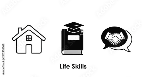Icons representing home education and partnership a life skills concept silhouette