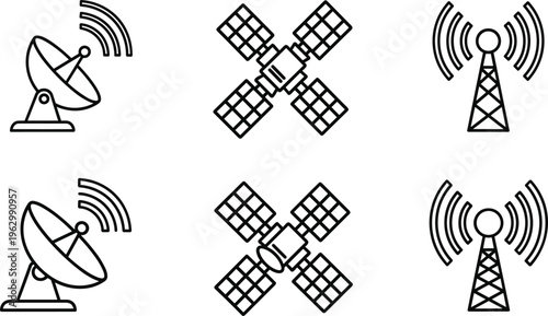 Satellite and antenna line icons, wireless communication signals, telecom technology symbols, broadcast network concept, digital connectivity, flat vector illustration