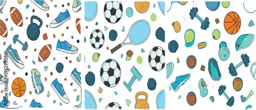 Seamless Sports Pattern Vector with Football Basketball Tennis Gym Equipment Shoes and Fitness Elements Colorful Background for Active Lifestyle Design