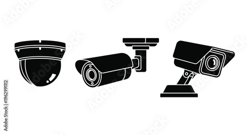 Various security cameras displayed in a black graphic silhouette