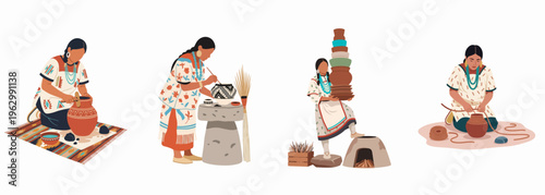 Illustrations of Native American women engaged in the traditional process of creating pottery, including shaping, painting, and firing handmade clay vessels.