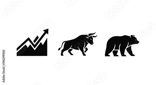 Bull and bear market icons with rising graph a bold silhouette