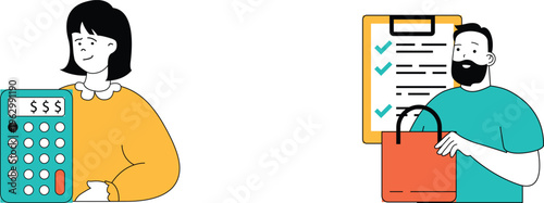 A woman calculating finances while a man checks off a shopping list with a bag nearby