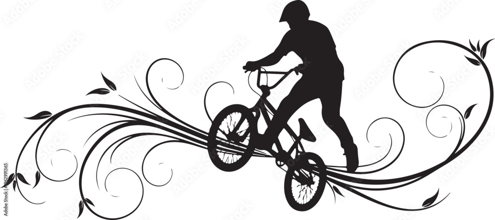 Obraz premium Black silhouette of bmx rider on bike with floral swirls