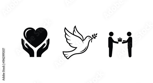 Symbols of love peace and giving displayed as a stark silhouette